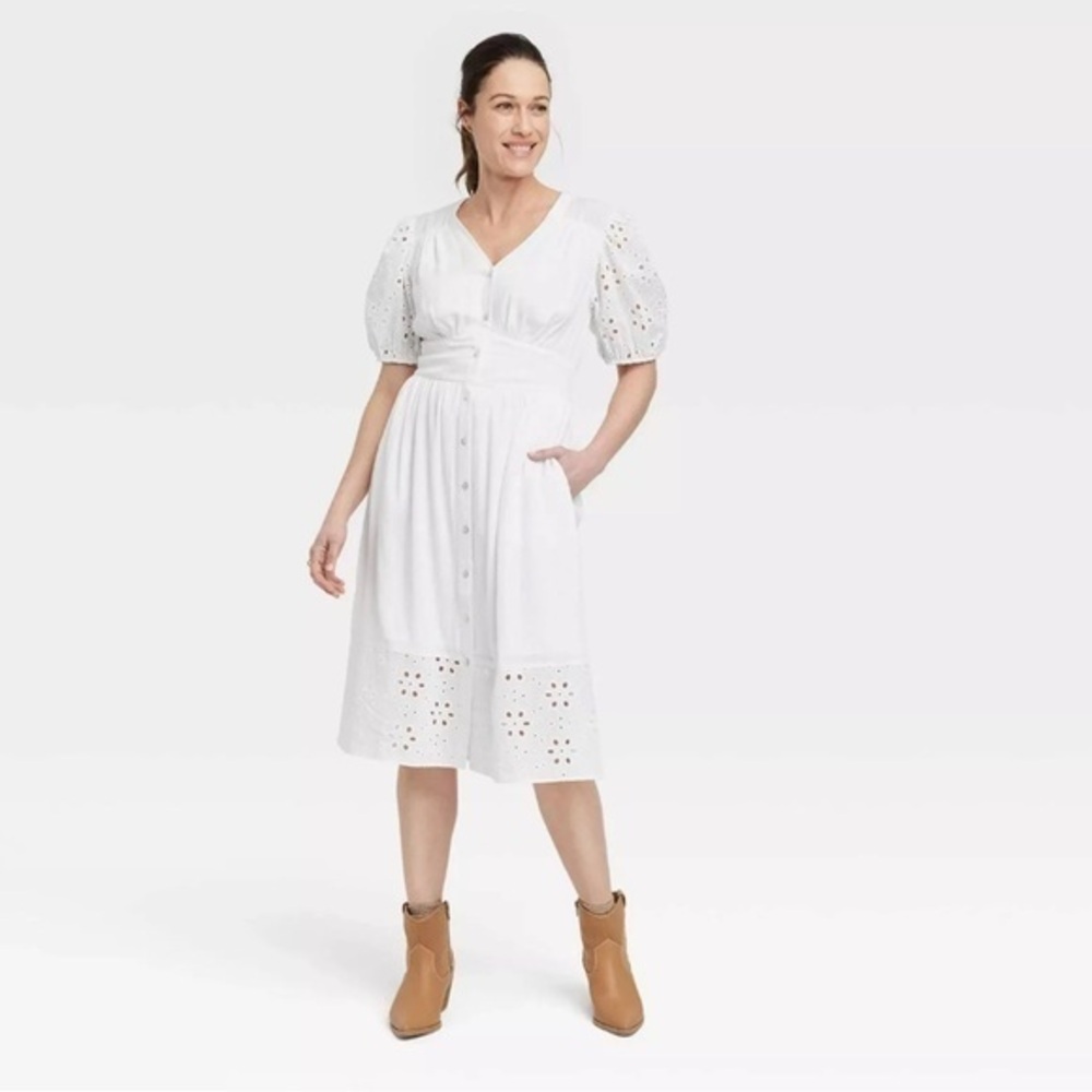 NWT Knox Rose White Puff Sleeve V Neck Sundress Extra Small